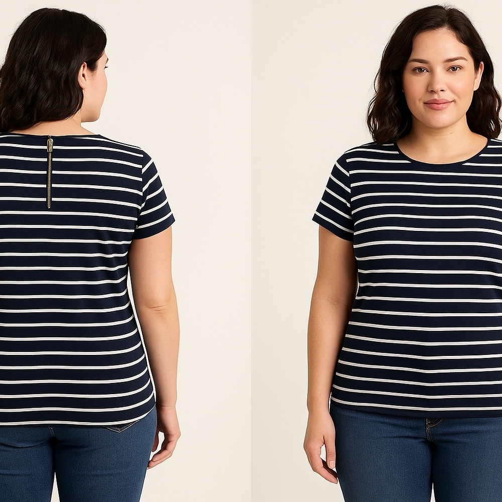Anne Klein Navy & White Striped Top – Size XL Gold Zipper Detail Contemporary